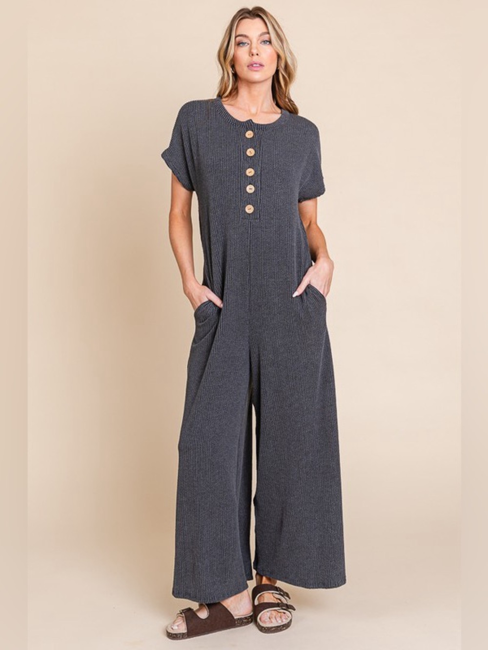 BOMBOM Rib Knit Jumpsuit with Button Detail
